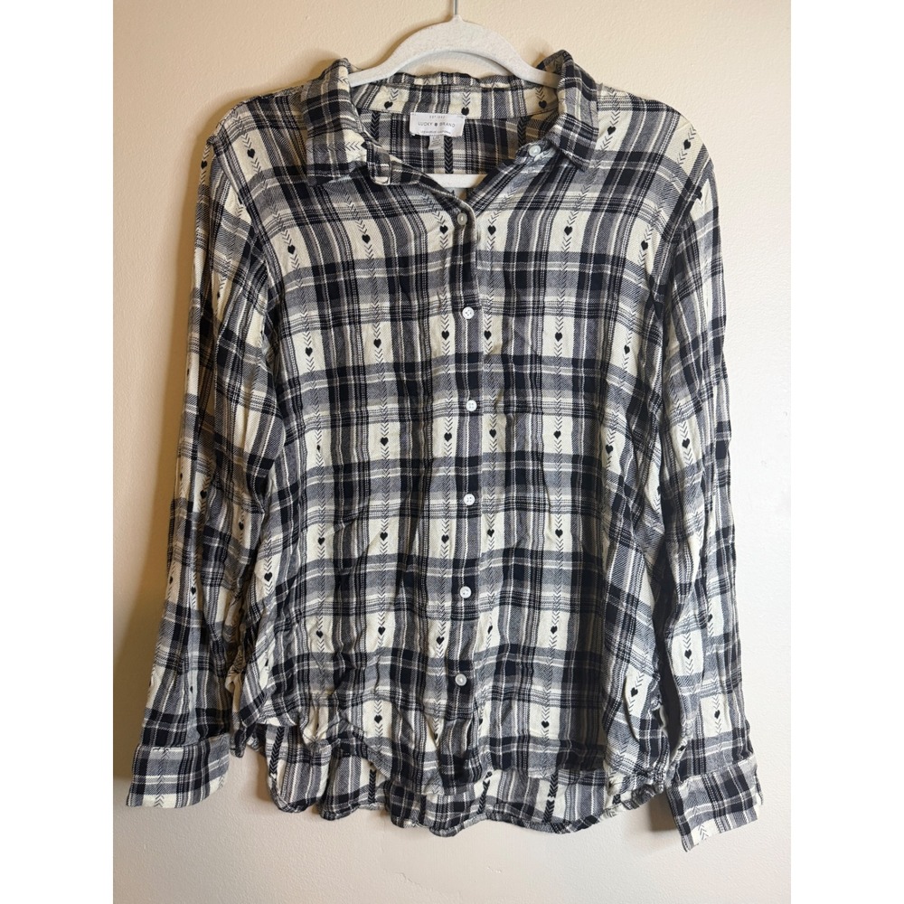 Lucky Brand Womens L Plaid Peplum Blouse Black Cream Heart Print 90s Y2K